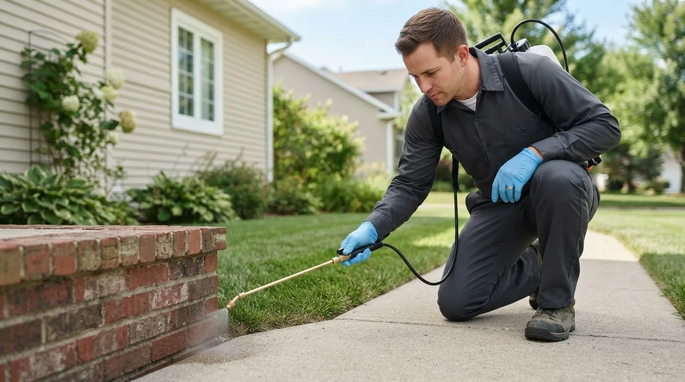 Pest control technician treating a home near Indianola, IL