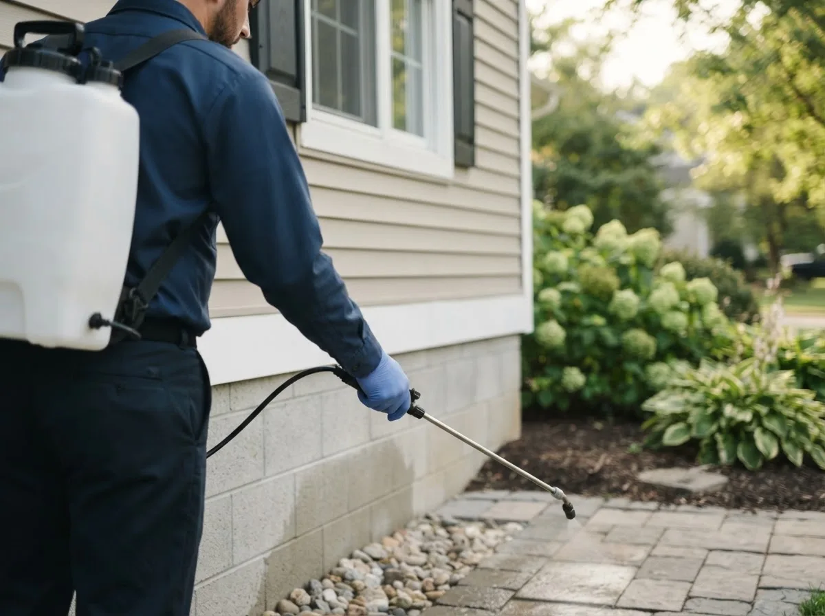 Pest control technician inspecting a home in Indianola, IL